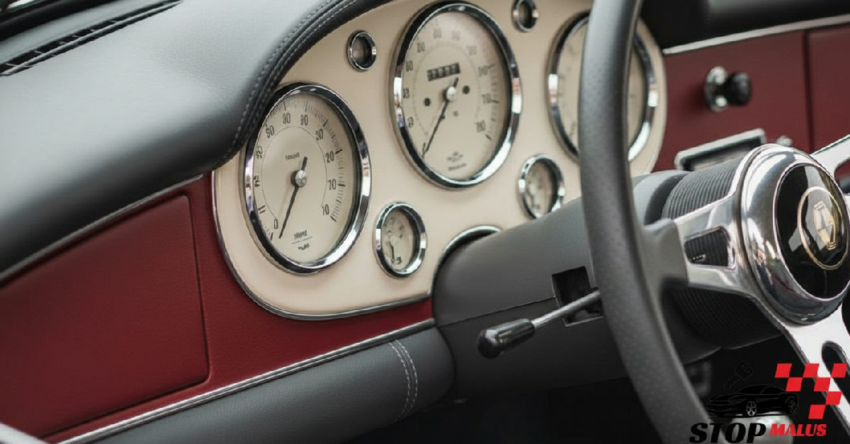 Gros plan sur le tableau de bord d'une voiture classique.