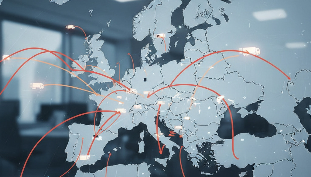 détachement salariés transport international – Carte européenne avec des flèches montrant le transport international routier.