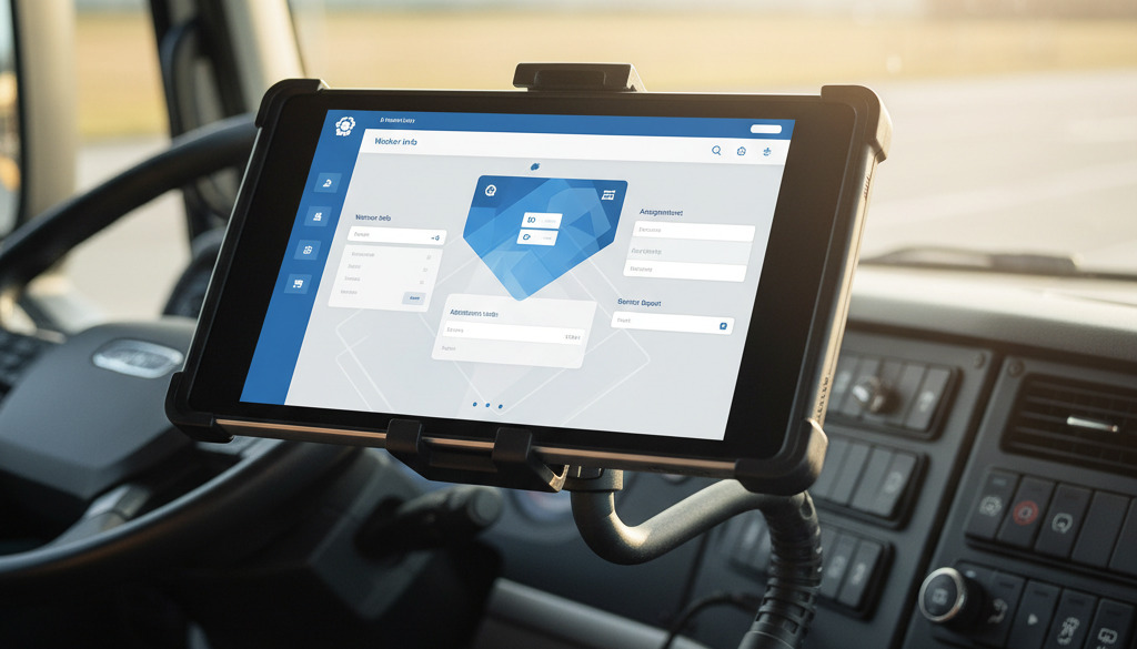 Tablette dans une cabine de camion affichant le portail IMI de détachement.