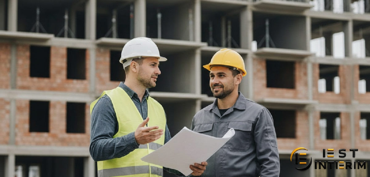 Chef de chantier discutant avec un maçon roumain.