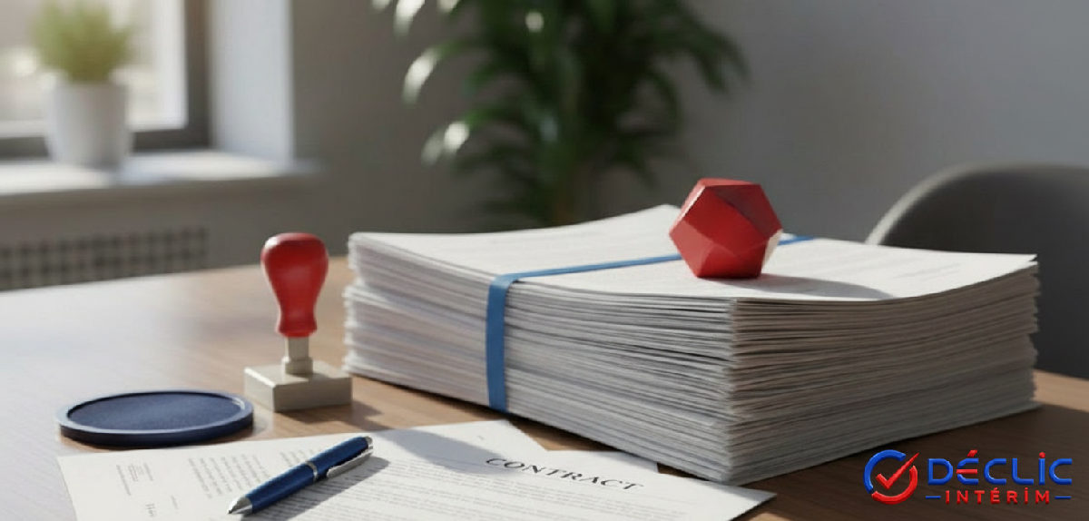 Bureau avec contrats et tampon, évoquant la rigueur.