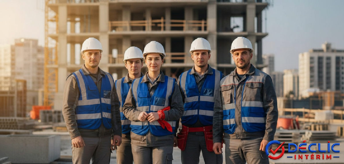 Intérimaires roumains en tenue sur un chantier de bâtiment.