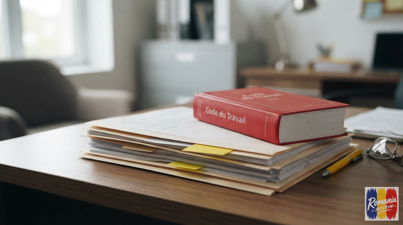 Dossiers administratifs et Code du travail posés sur un bureau professionnel.