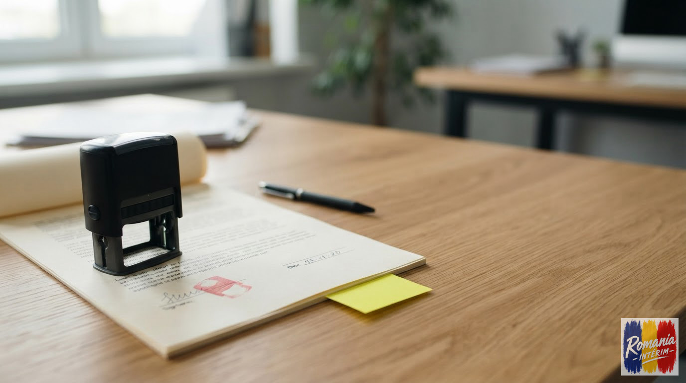 Un tampon officiel apposé sur un contrat de travail pour validation légale.