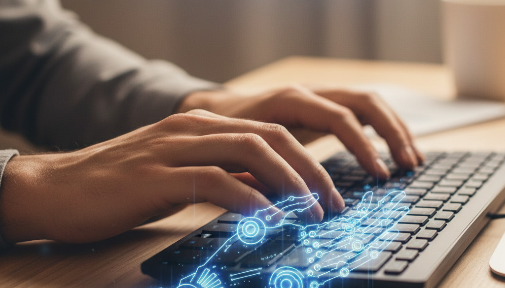 Human and AI hands collaborate on keyboard.