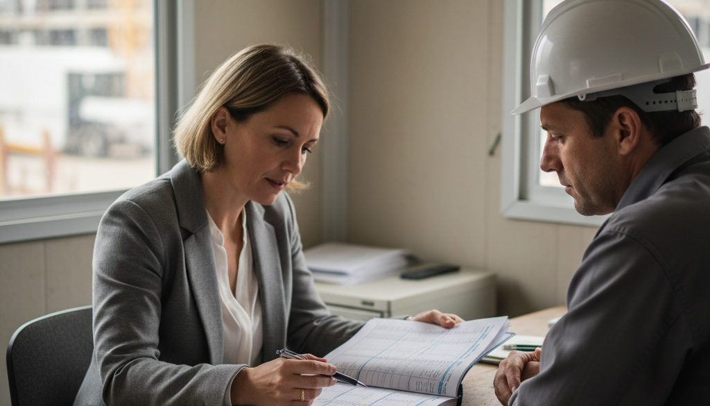 Inspecteur vérifiant la conformité des salaires sur un chantier.
