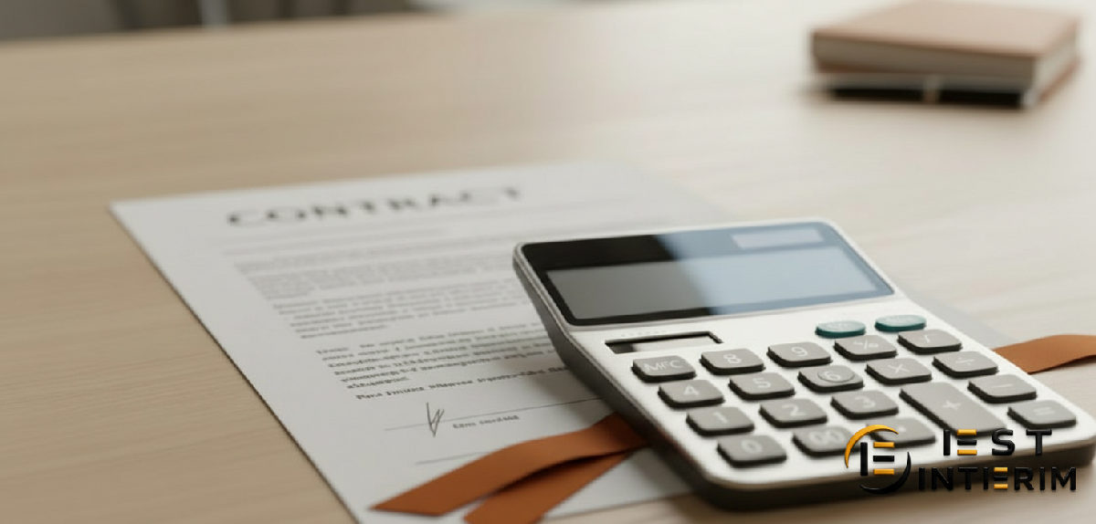 Contrat de travail et calculatrice, symbolisant transparence des coûts de l'intérim bulgare.