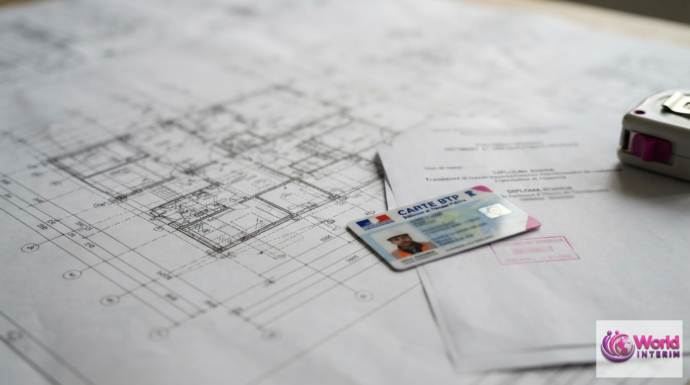 Carte BTP et diplôme roumain traduits posés sur des plans de chantier.
