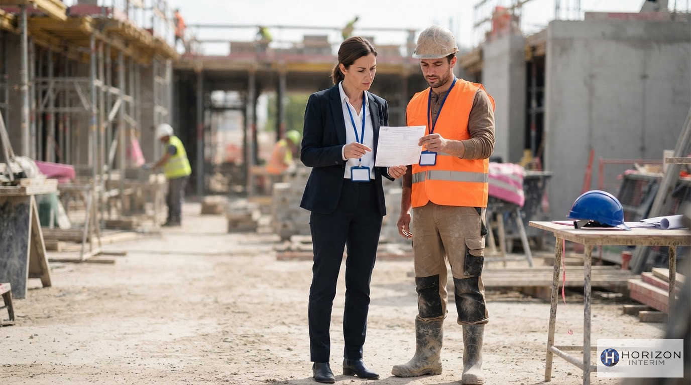 Un inspecteur du travail contrôlant des certificats sur un chantier français.
