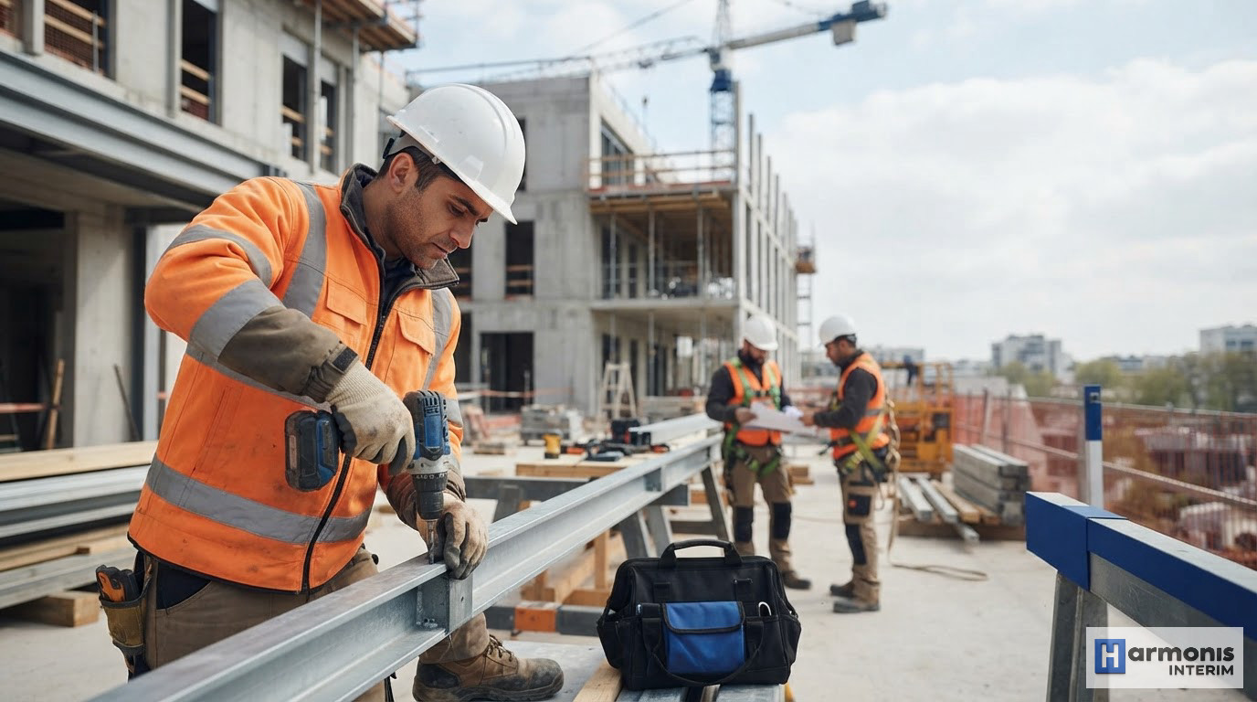 quelles obligations détachement intérimaires roumains btp? - Ouvriers qualifiés sur un chantier moderne en France avec équipements de sécurité.