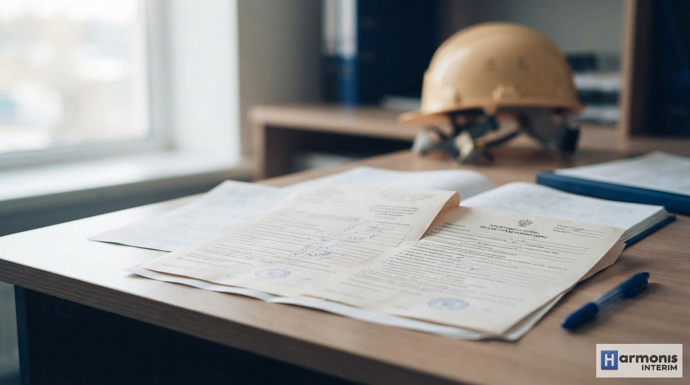 Documents administratifs et casque de chantier sur un bureau.