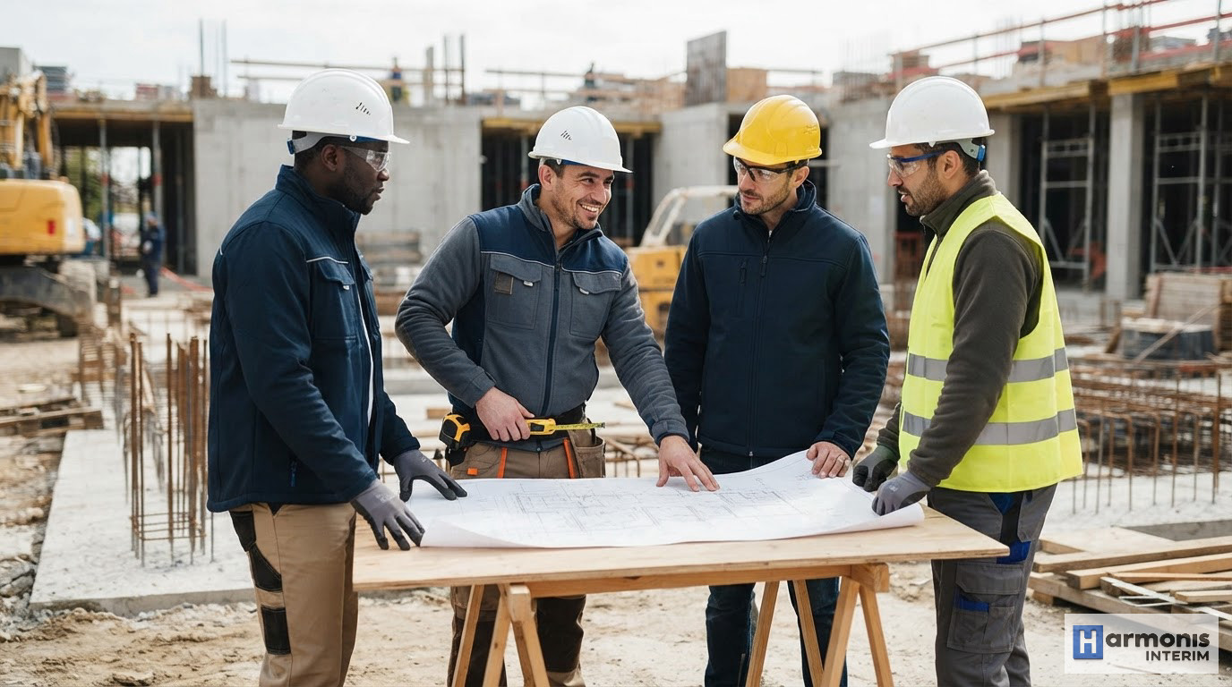 Équipe multiculturelle examinant des plans sur un chantier de construction.