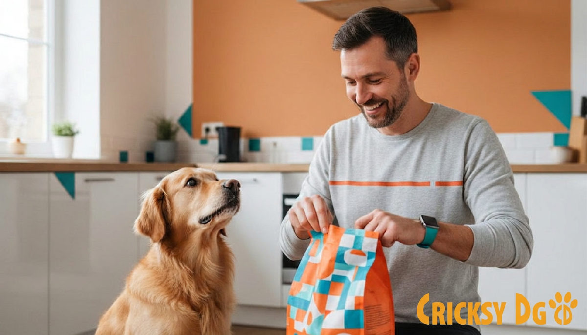 Halter öffnet Hundefutter, Hund sitzt erwartungsvoll daneben.