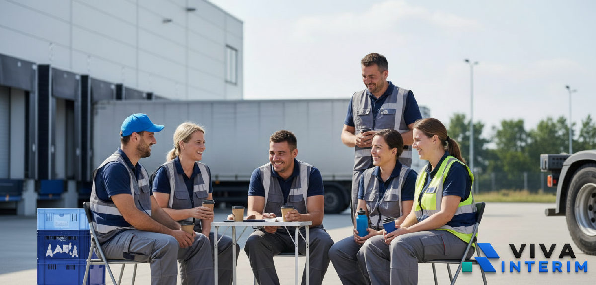 Travailleurs logistiques partageant une pause conviviale.
