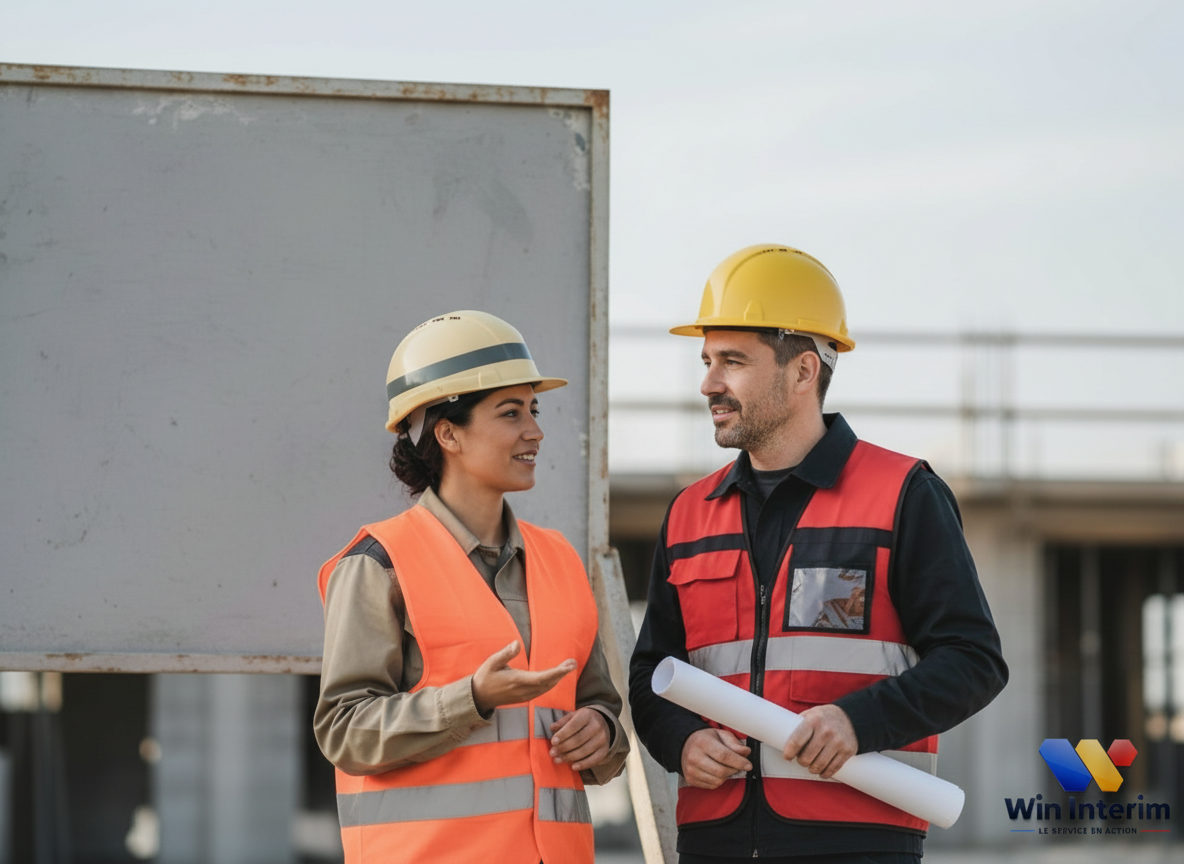 Professionnels en tenue de sécurité devant un panneau de chantier.
