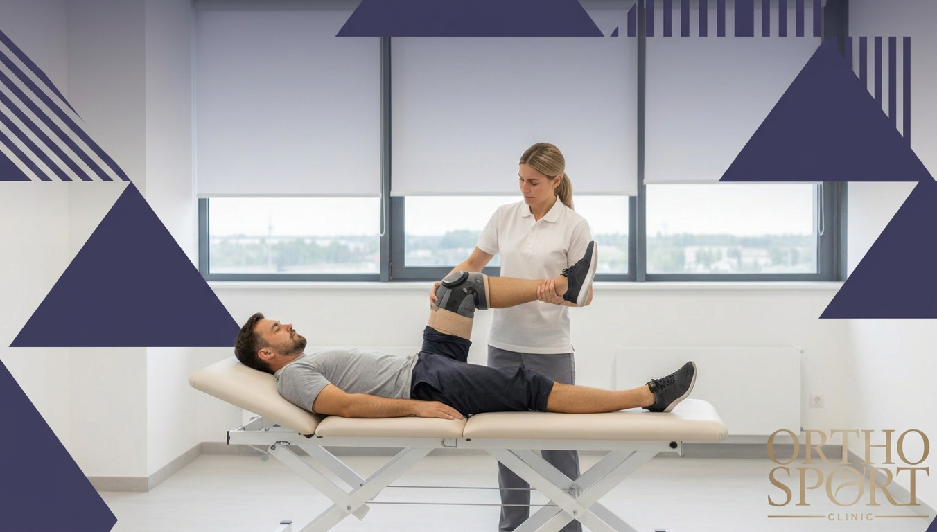 rehabilitacja pooperacyjna – Fizjoterapeuta pomaga pacjentowi w rehabilitacji po operacji kolana.
