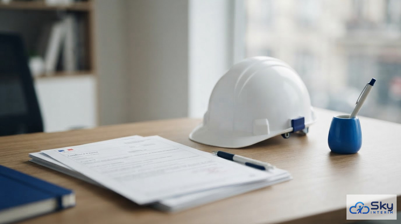 Documents administratifs de chantier et un casque posés sur un bureau.
