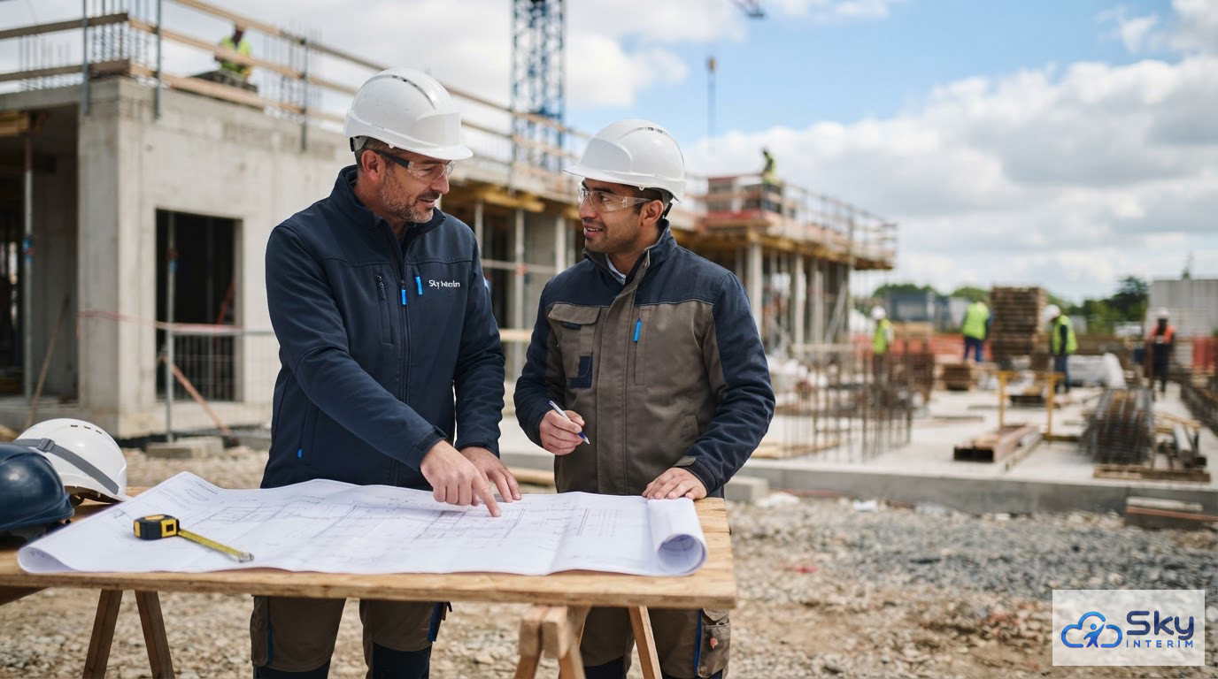 Deux ouvriers étudiant un plan de construction sur un chantier.