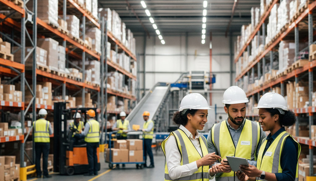 intégration travailleurs HCR roumains – Travailleurs diversifiés dans un entrepôt moderne, dont des Roumains et des Français.