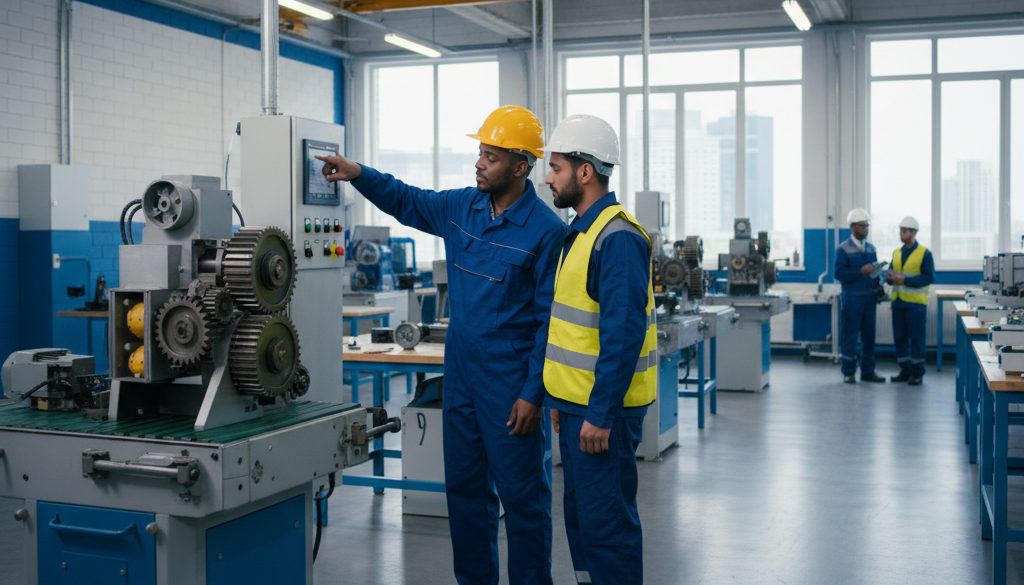 Formation professionnelle : un réfugié apprend à utiliser une machine en France.