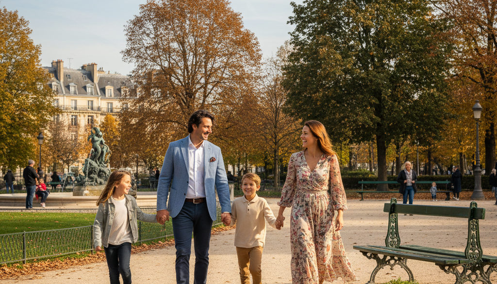Famille roumaine souriante profitant d'un parc français, symbole d'intégration.