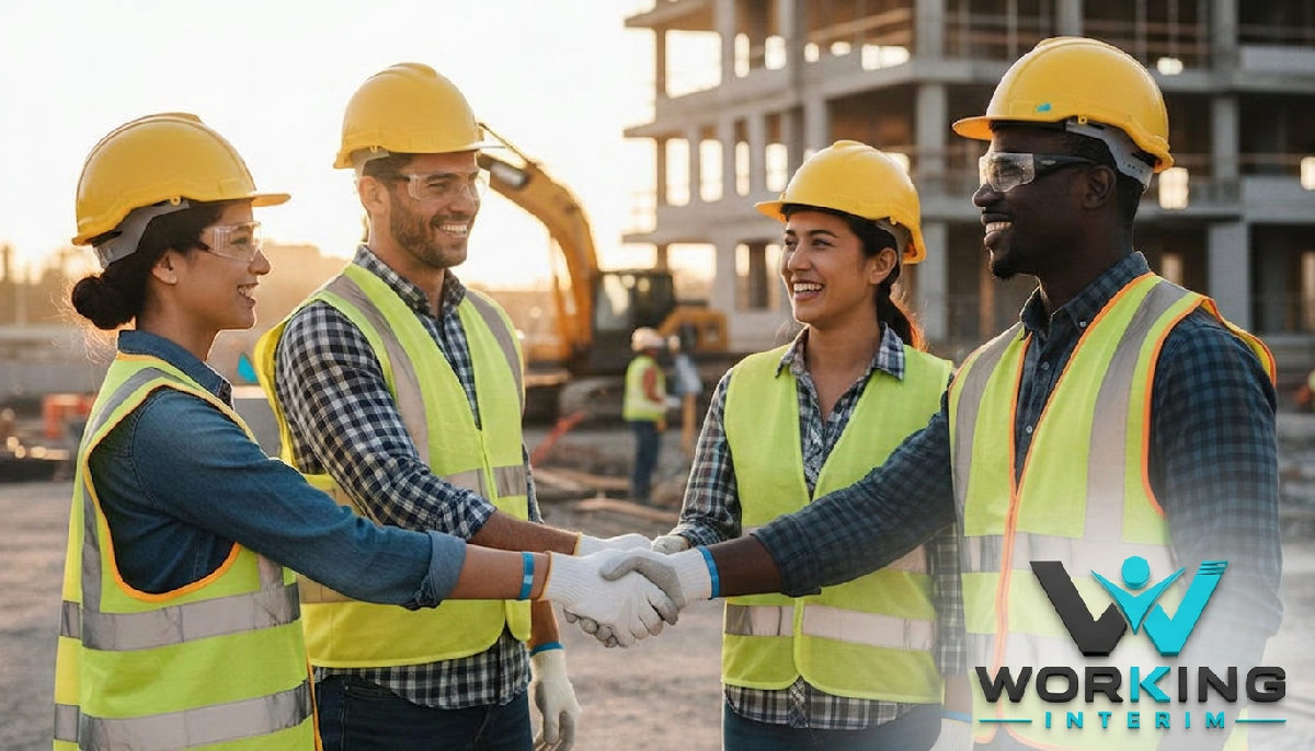 Équipe internationale de construction souriante célébrant un succès sur site.