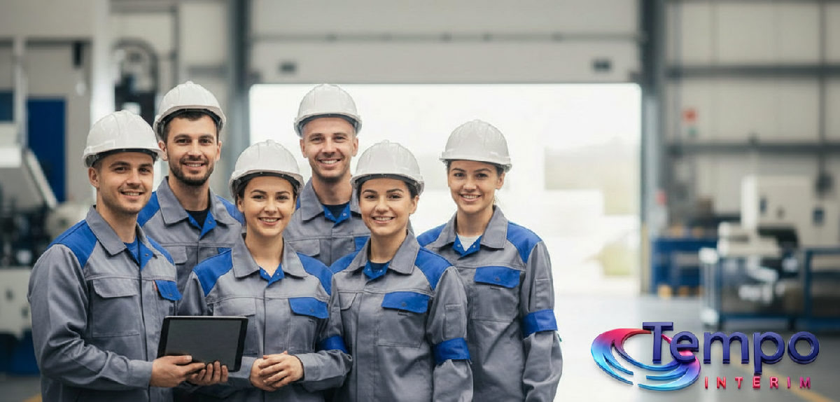Ouvriers roumains souriants sur site industriel, RH transparente.