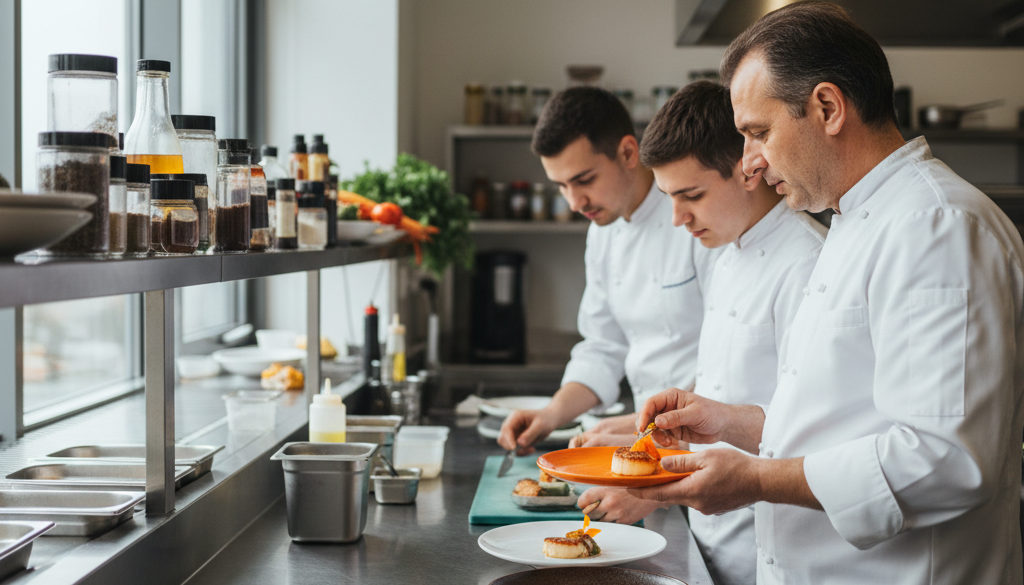 Équipe de cuisine dynamique avec travailleurs roumains préparant des plats.