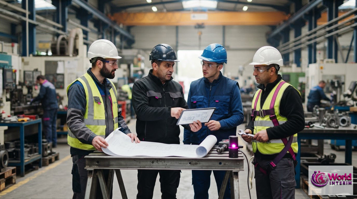 Travailleurs roumains et français collaborant sur un site industriel.