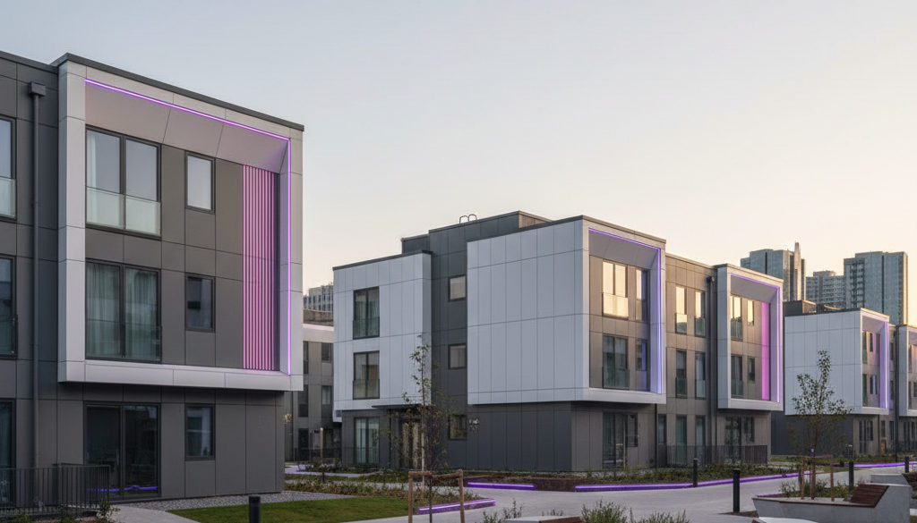 Logements modernes pour travailleurs internationaux, environnement professionnel.