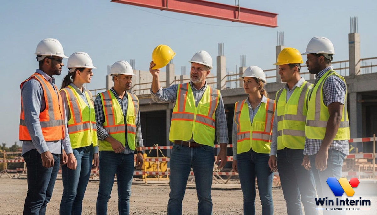 Briefing sécurité sur chantier : équipe diversifiée et respect des normes BTP.
