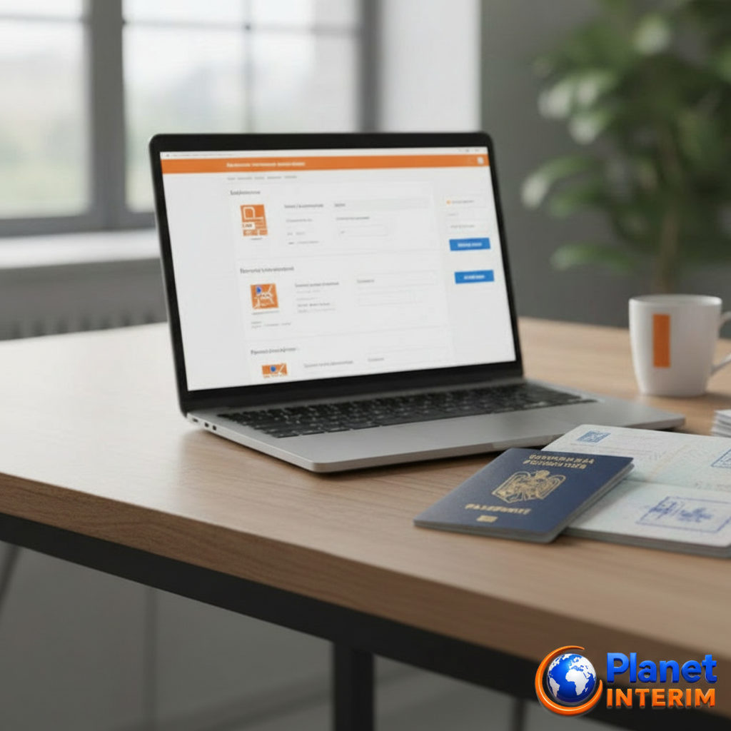 Bureau avec portail SIPSI, passeport roumain et documents.