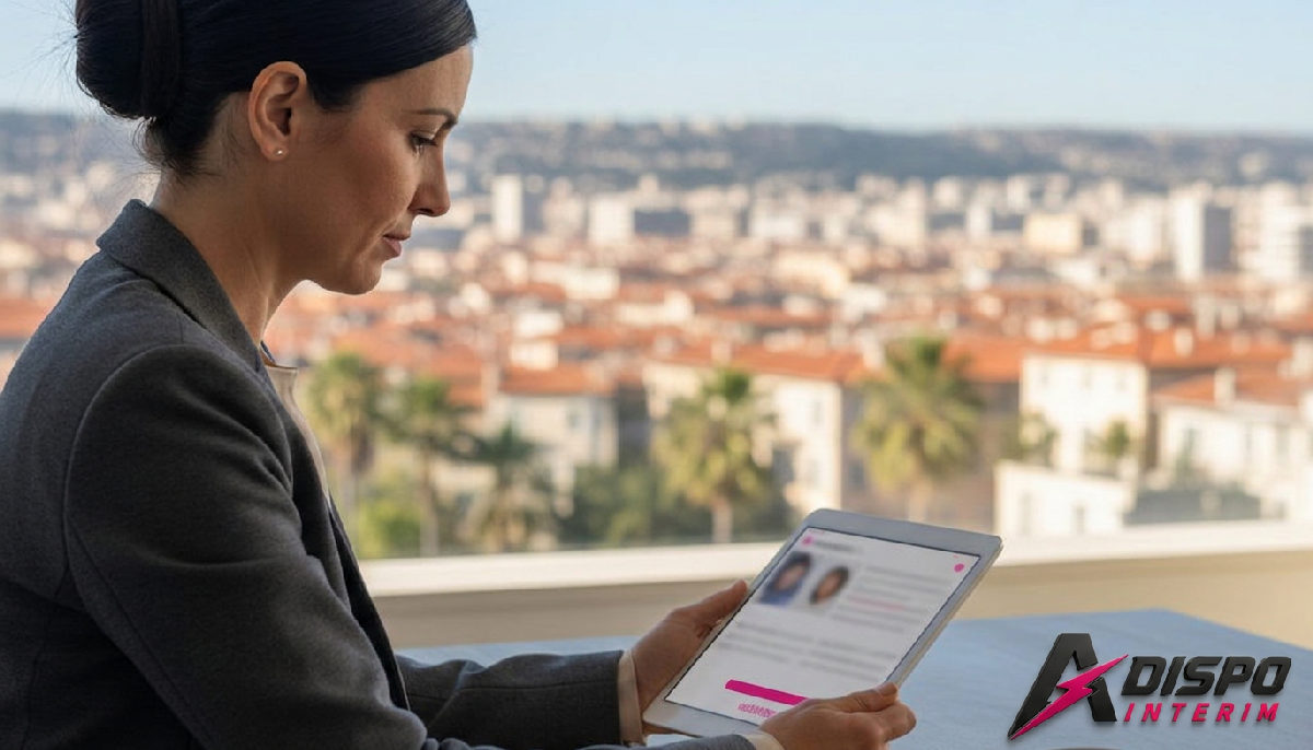 Manager d'Adispo Interim consultant des profils avec la skyline de Nice.