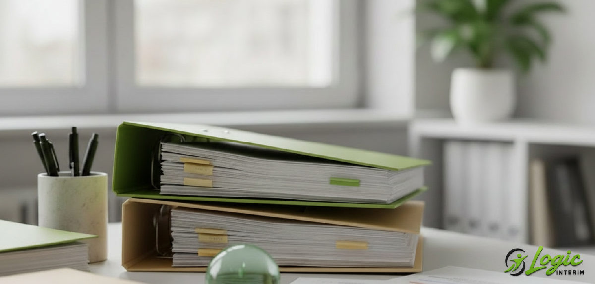 Dossiers de travailleurs classés dans un bureau, symbolisant la simplicité administrative.