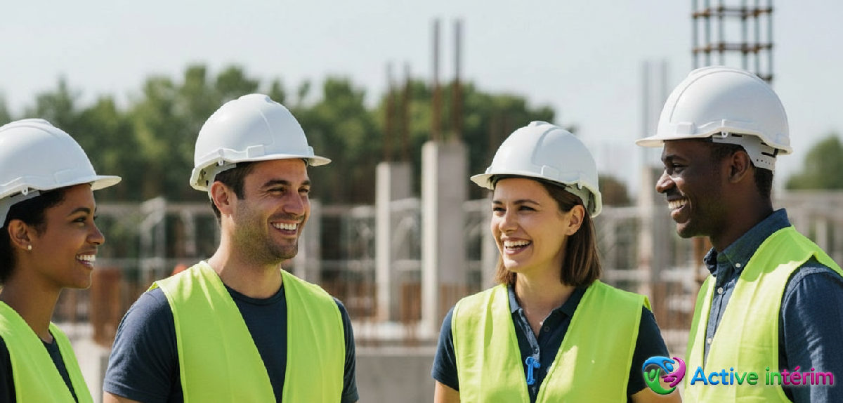 Travailleurs souriants en tenue de sécurité sur un chantier.