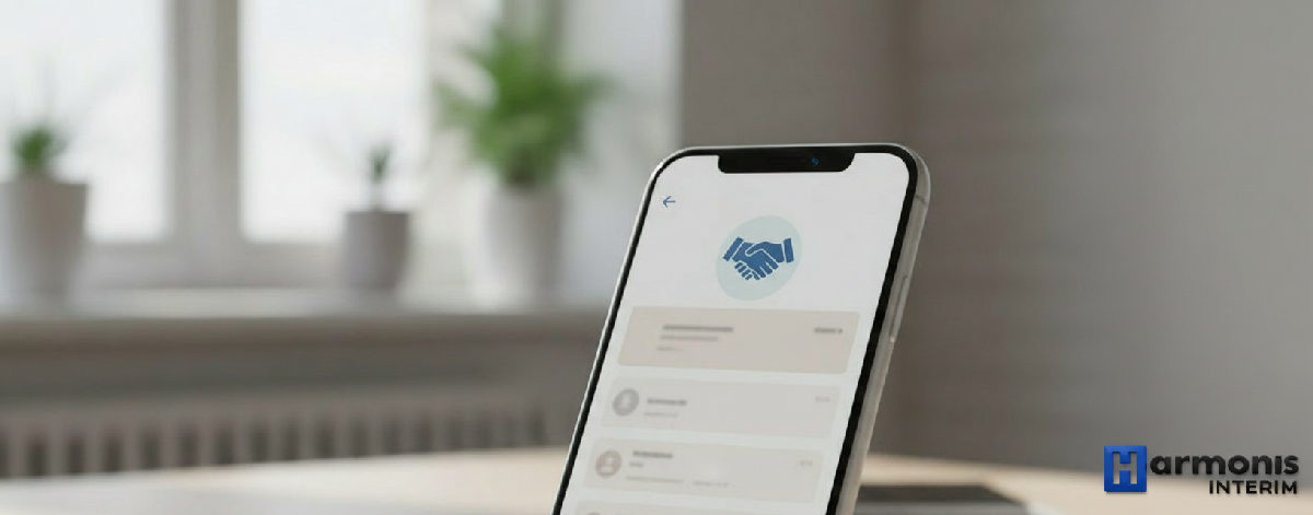 Application de recrutement sur smartphone avec bouton multilingue.