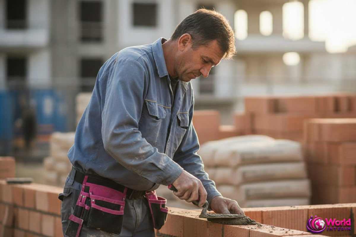 Un groupe de maçons discute sur un chantier.
