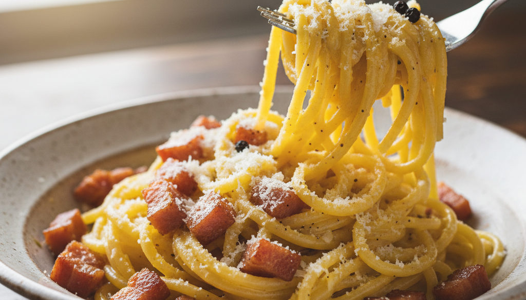Zbliżenie na kremowe spaghetti Carbonara z domowym makaronem i chrupiącym guanciale.