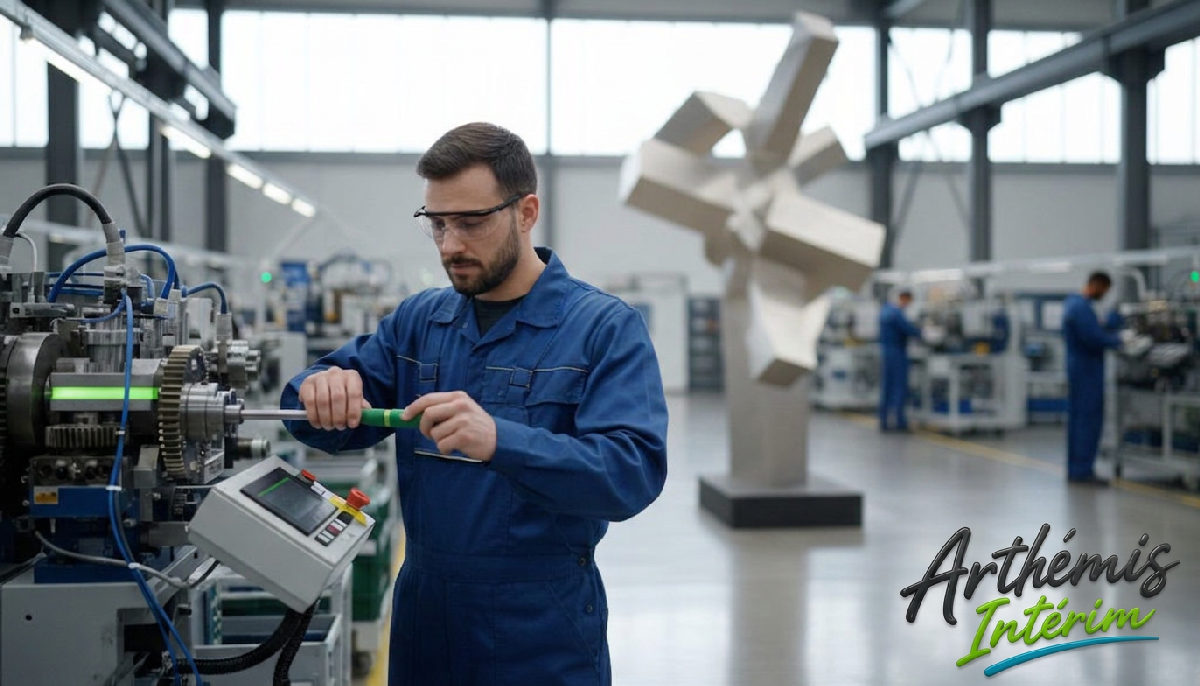 Technicien roumain ajustant une machine complexe en usine.