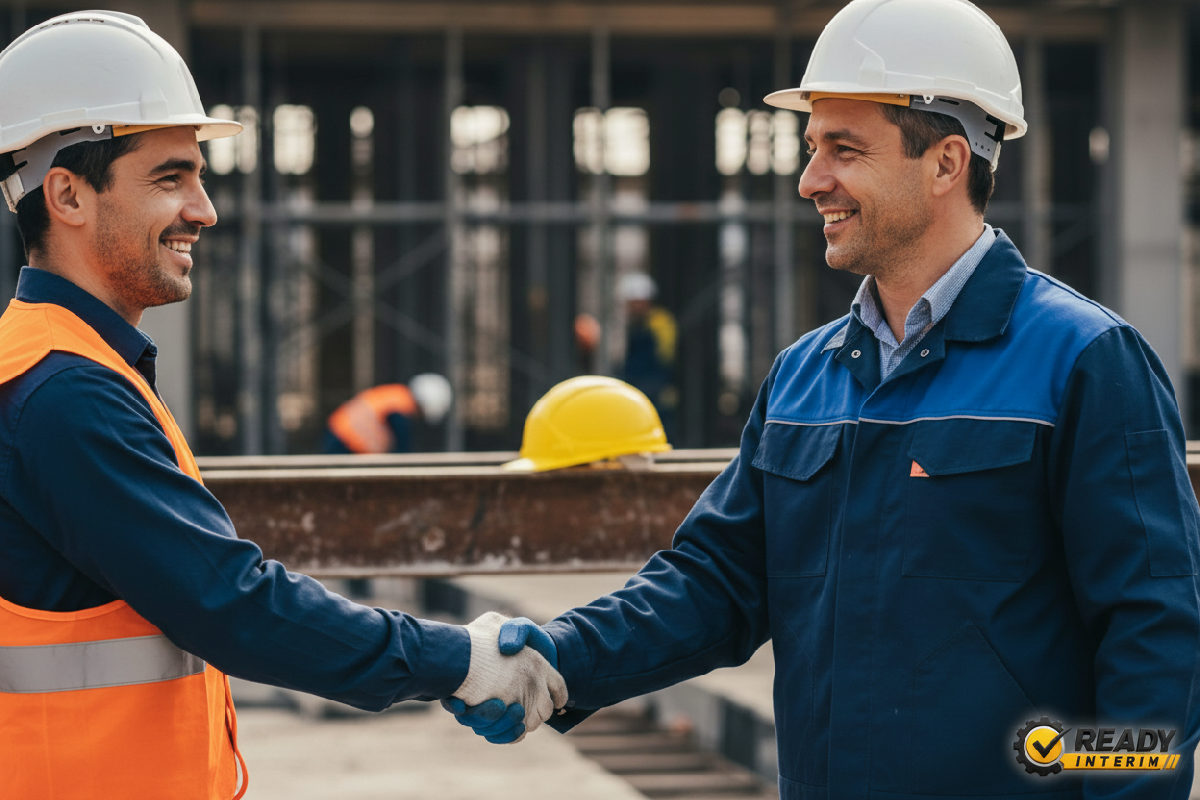Poignée de main entre un chef de chantier français et un ouvrier roumain.