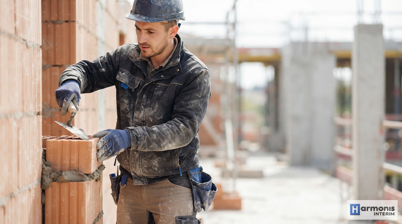 compétences documents maçon roumain intérim - Un maçon roumain qualifié travaillant activement sur un chantier de construction français.
