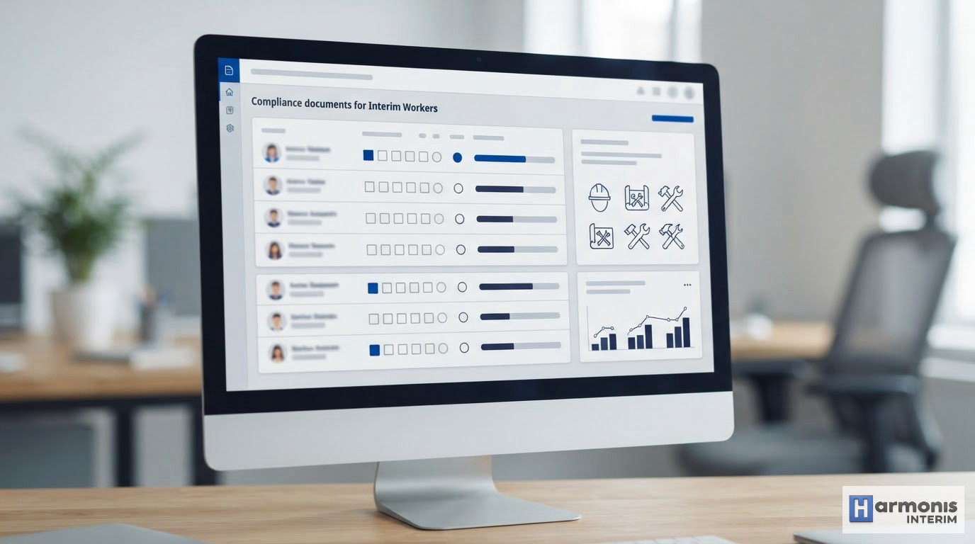 Tableau de bord numérique affichant les documents administratifs de travailleurs intérimaires.