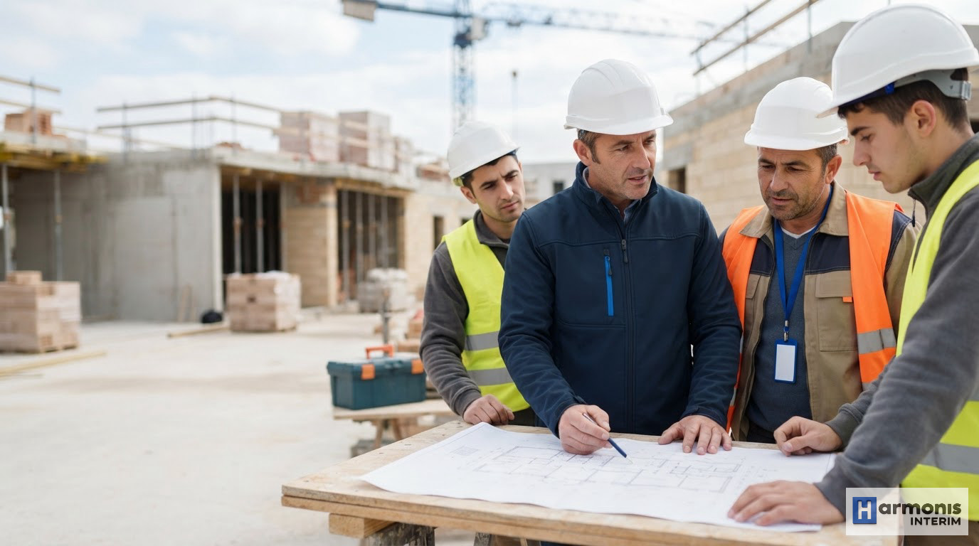 Un chef de chantier expliquant des plans à une équipe de maçons roumains.