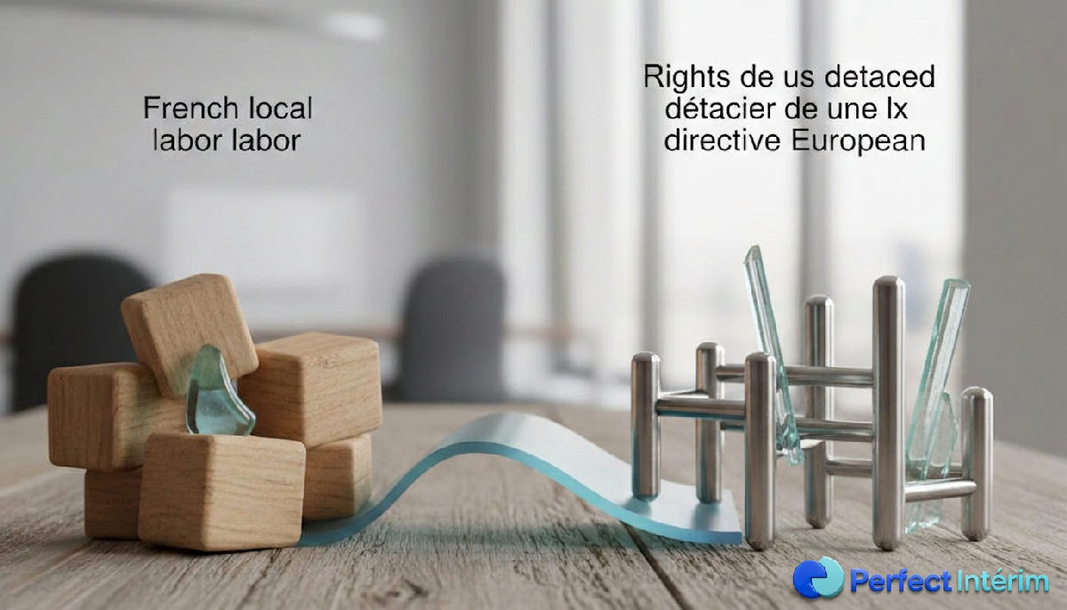 Infographie comparant le droit du travail français et la directive européenne sur le travail détaché.
