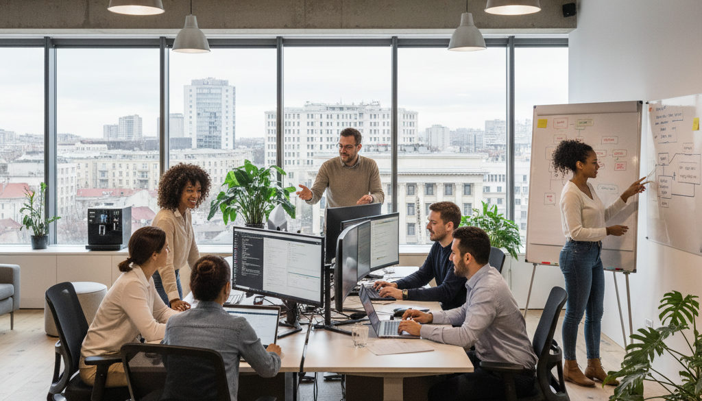 intégration travailleurs IT roumains – Professionnels IT à Bucarest collaborant sur des projets logiciels.