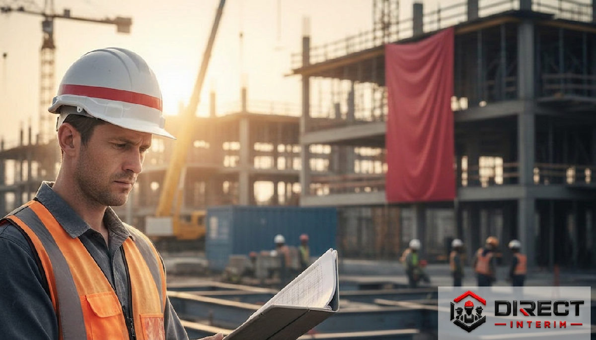 interim direct - Chef de chantier stressé devant un chantier moderne.