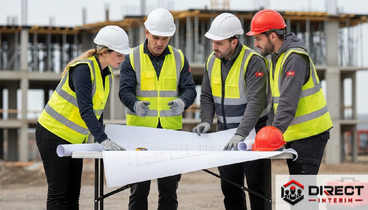 Ouvriers du bâtiment discutant d'un plan sur site.