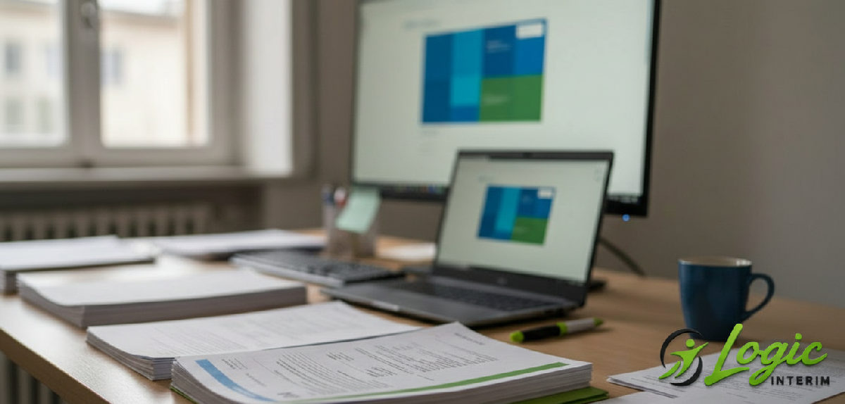 Bureau administratif avec documents et ordinateur pour détachement.