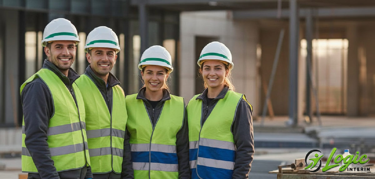Travailleurs roumains souriants en tenue de sécurité sur chantier.