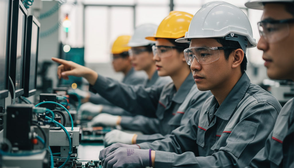 Techniciens sur une ligne de production industrielle animée.